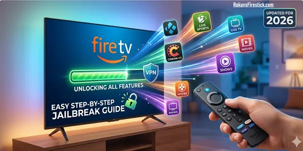 Step-by-step visual guide showing how to jailbreak Amazon Fire TV Stick 4K to unlock features with VPN and apps.