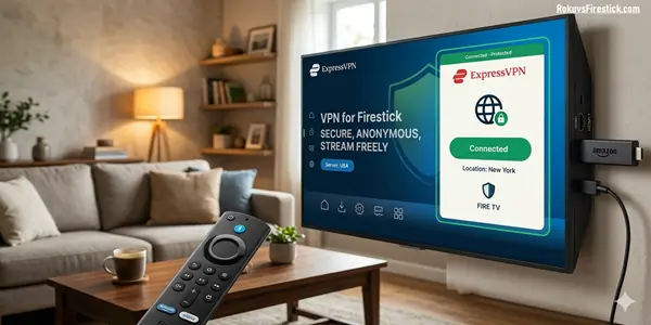 Top 10 best VPNs for Amazon Fire TV Stick in 2026 showing app interfaces on a TV screen with a Firestick remote.