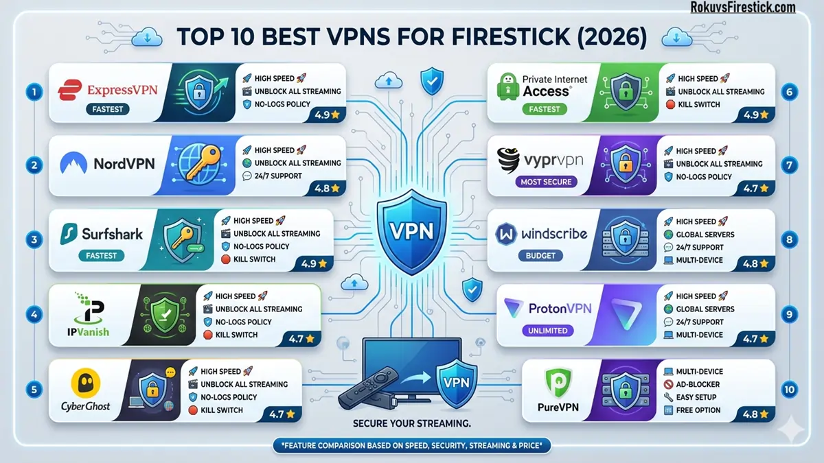 Top 10 Best VPNs for Amazon Firestick 2026 Comparison Infographic for Secure Streaming.