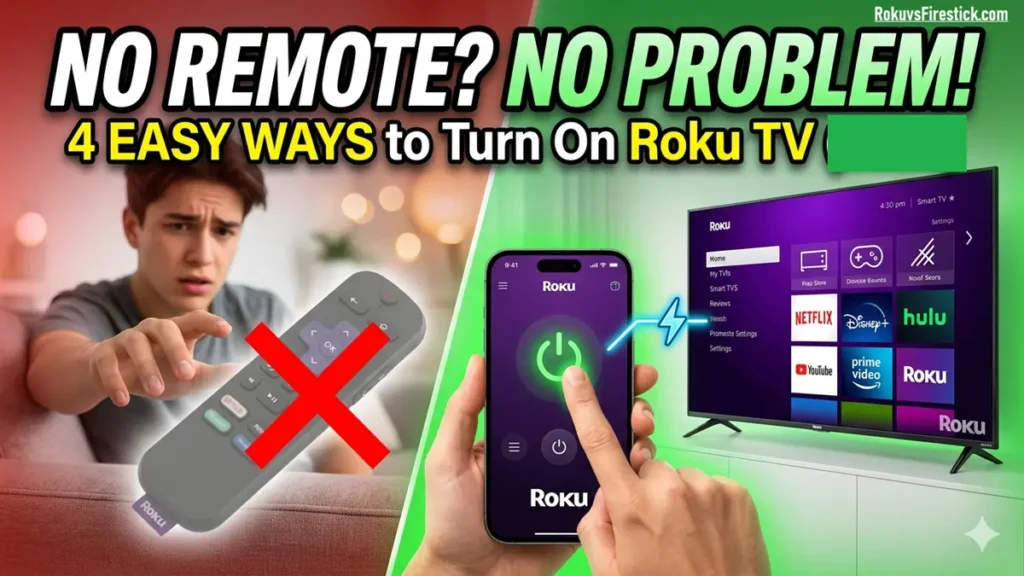 Step-by-step guide showing four easy methods to turn on a Roku TV without using a physical remote control.