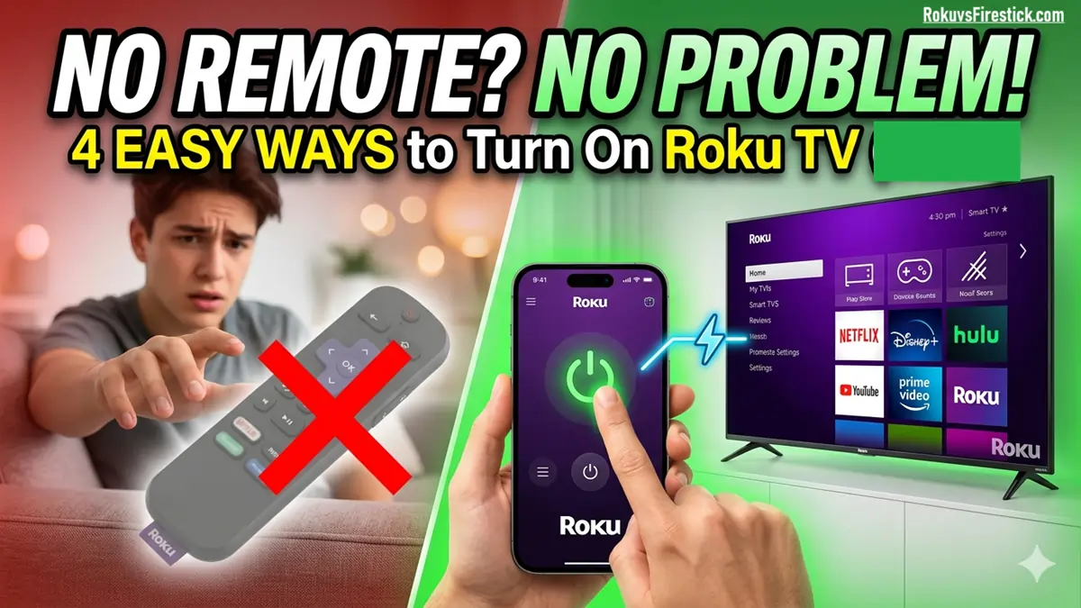 Step-by-step guide showing four easy methods to turn on a Roku TV without using a physical remote control.
