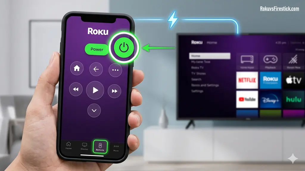 Step-by-step how to use the Roku mobile app interface to turn on a TV without a remote
