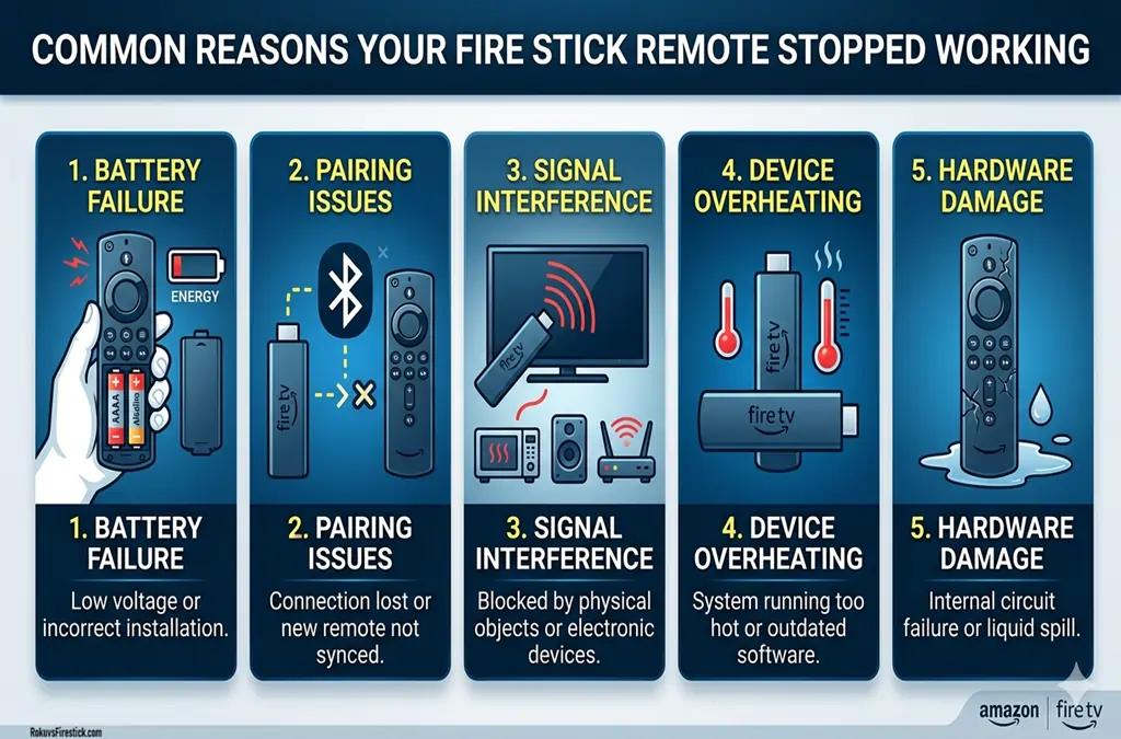 Infographic highlighting 5 common causes for Amazon Fire Stick remote not working, including battery failure and signal interference.